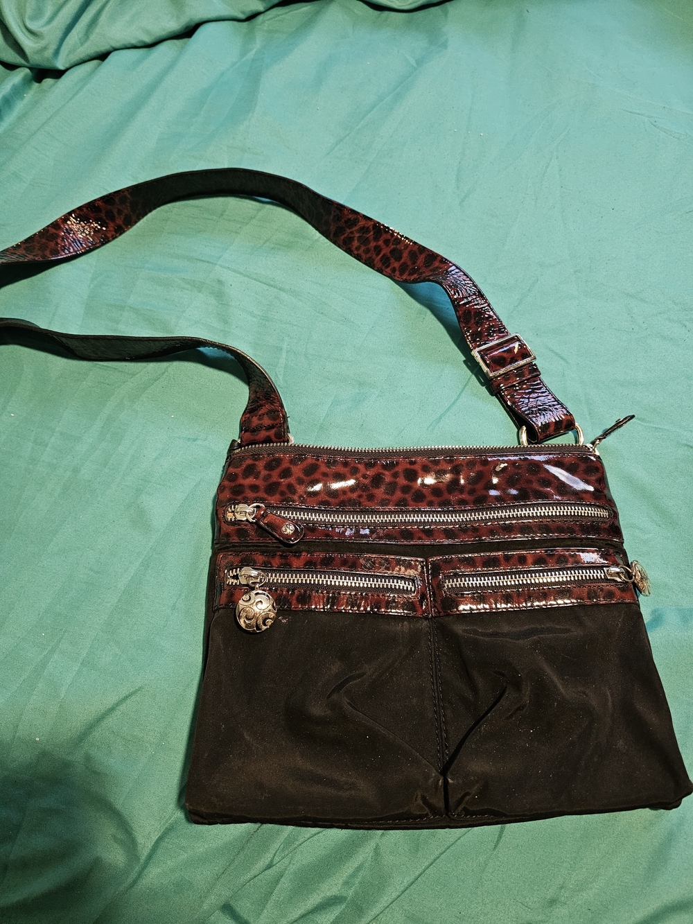 Brighton Blaxk Nylon Purse W/ Cheetah Print Trim